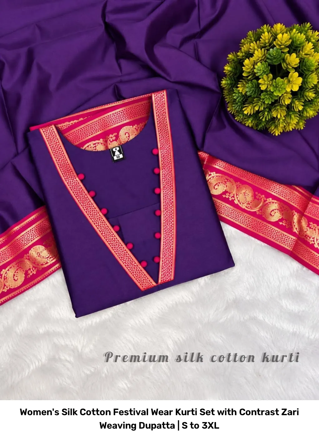 Women's Silk Cotton Festival Wear Kurti Set with Contrast Zari Weaving Dupatta | S to 3XL 2