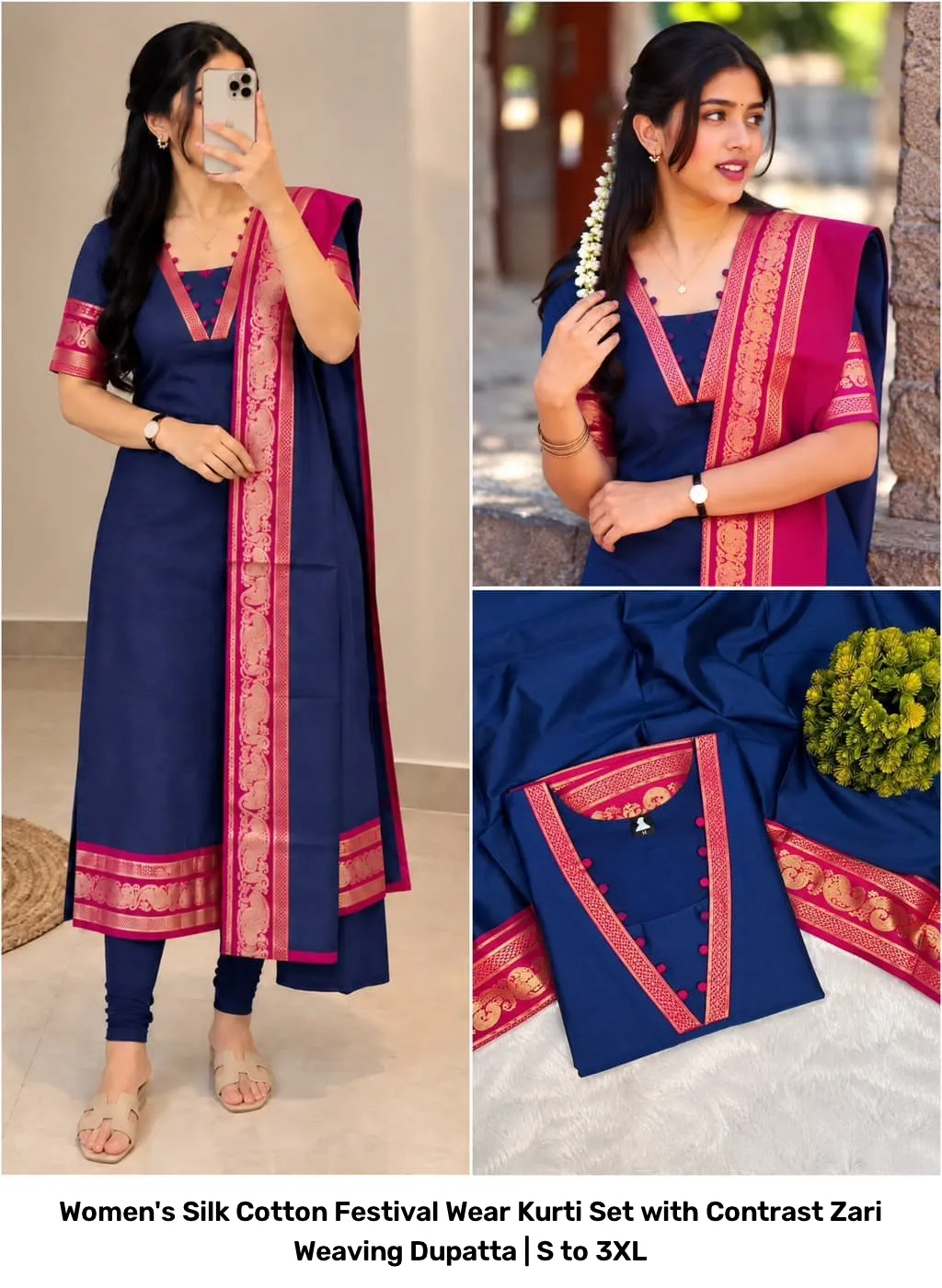 Women's Silk Cotton Festival Wear Kurti Set with Contrast Zari Weaving Dupatta | S to 3XL 21