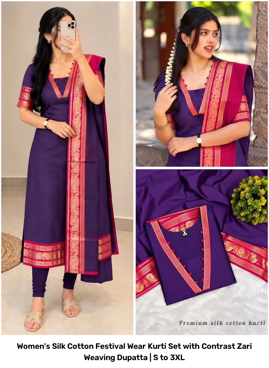 Women's Silk Cotton Festival Wear Kurti Set with Contrast Zari Weaving Dupatta | S to 3XL 23
