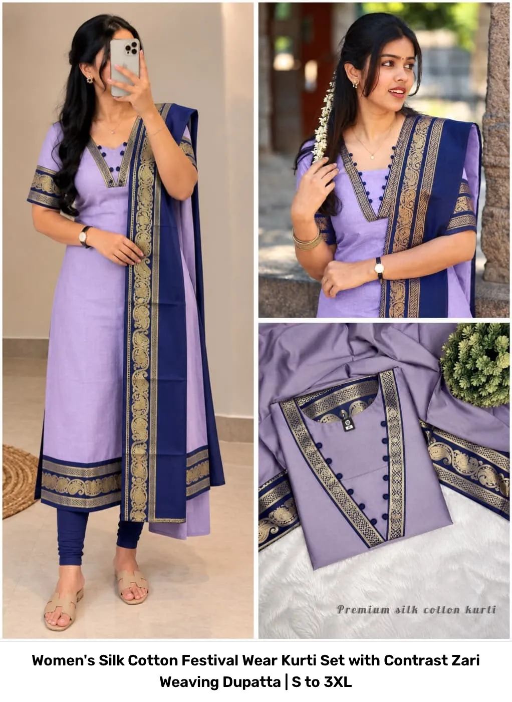 Women's Silk Cotton Festival Wear Kurti Set with Contrast Zari Weaving Dupatta | S to 3XL 24