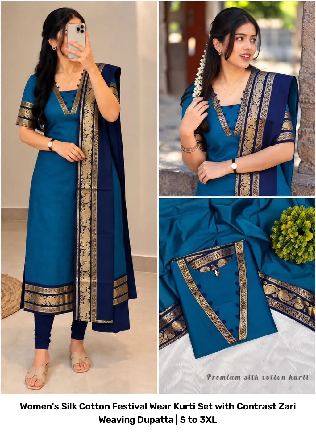Women's Silk Cotton Festival Wear Kurti Set with Contrast Zari Weaving Dupatta | S to 3XL 25