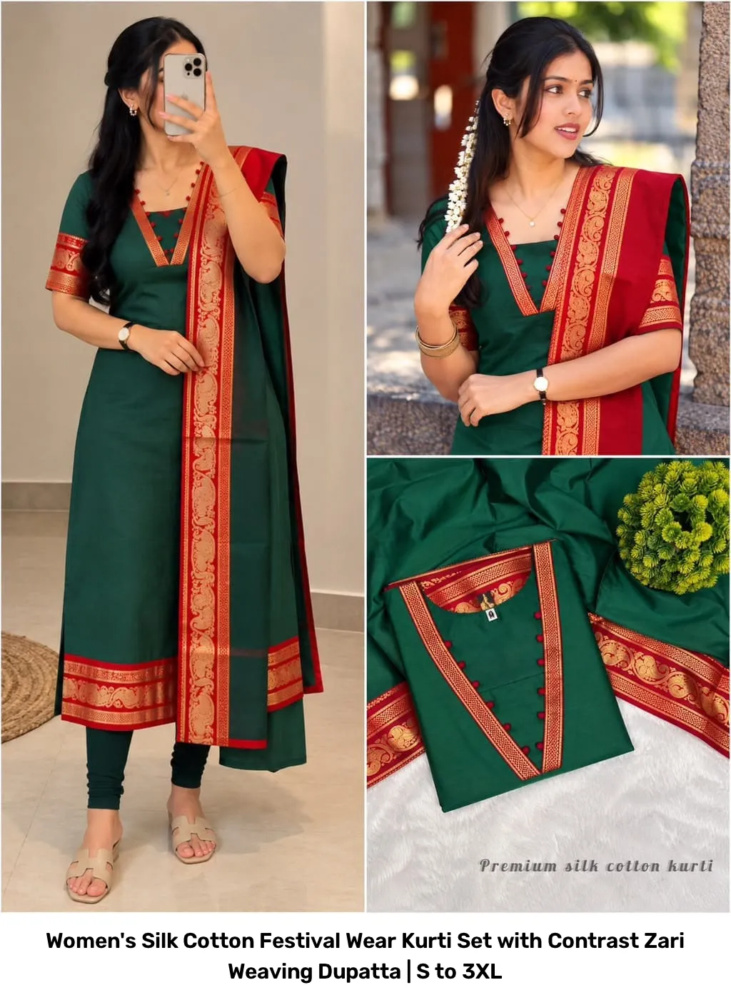 Women's Silk Cotton Festival Wear Kurti Set with Contrast Zari Weaving Dupatta | S to 3XL 26