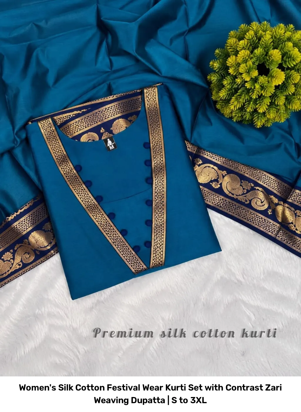 Women's Silk Cotton Festival Wear Kurti Set with Contrast Zari Weaving Dupatta | S to 3XL 27