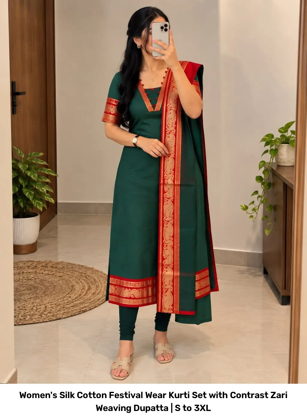 Women's Silk Cotton Festival Wear Kurti Set with Contrast Zari Weaving Dupatta | S to 3XL 28