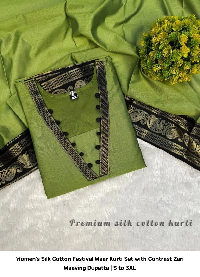 Women's Silk Cotton Festival Wear Kurti Set with Contrast Zari Weaving Dupatta | S to 3XL 4