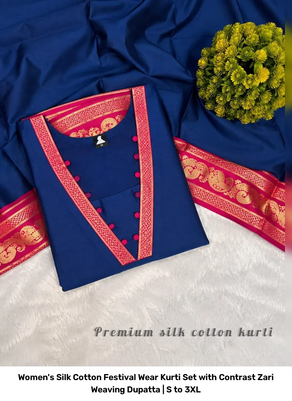Women's Silk Cotton Festival Wear Kurti Set with Contrast Zari Weaving Dupatta | S to 3XL 5