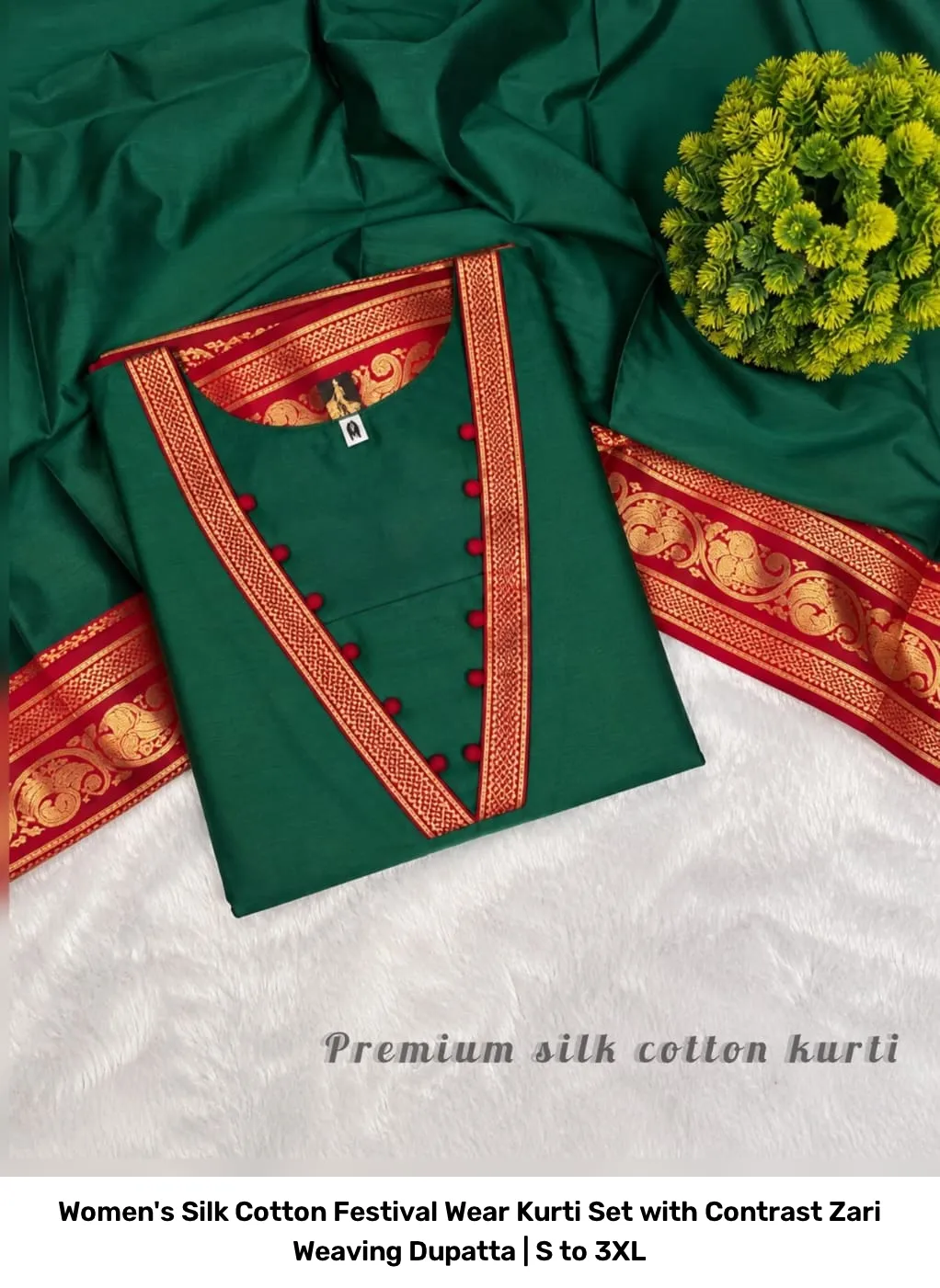 Women's Silk Cotton Festival Wear Kurti Set with Contrast Zari Weaving Dupatta | S to 3XL 6
