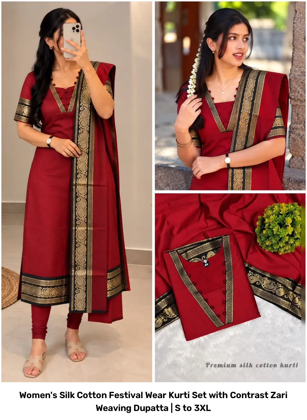 Women's Silk Cotton Festival Wear Kurti Set with Contrast Zari Weaving Dupatta | S to 3XL 7
