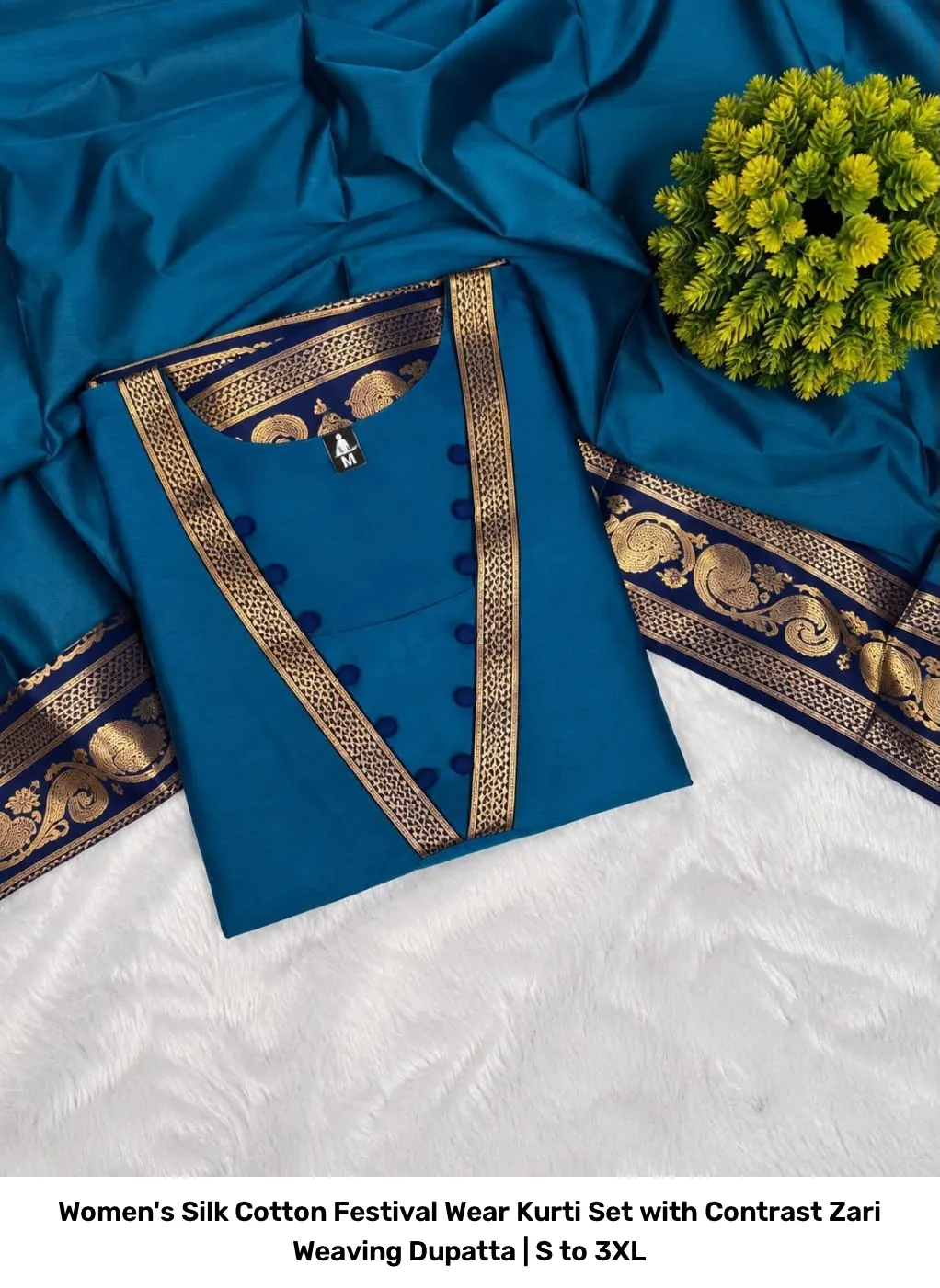 Women's Silk Cotton Festival Wear Kurti Set with Contrast Zari Weaving Dupatta | S to 3XL 8