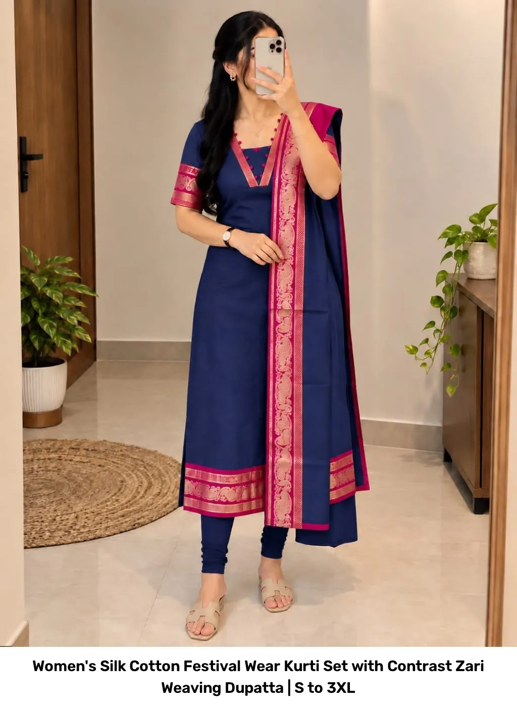 Women's Silk Cotton Festival Wear Kurti Set with Contrast Zari Weaving Dupatta | S to 3XL 9