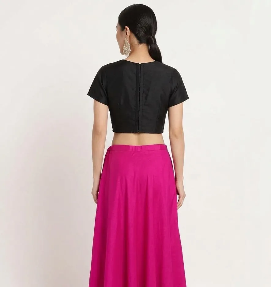Women's V-Neck Raw Silk Readymade Blouse – Plain Short Sleeve Crop Top Blouse with Back Closure for Saree & Lehenga