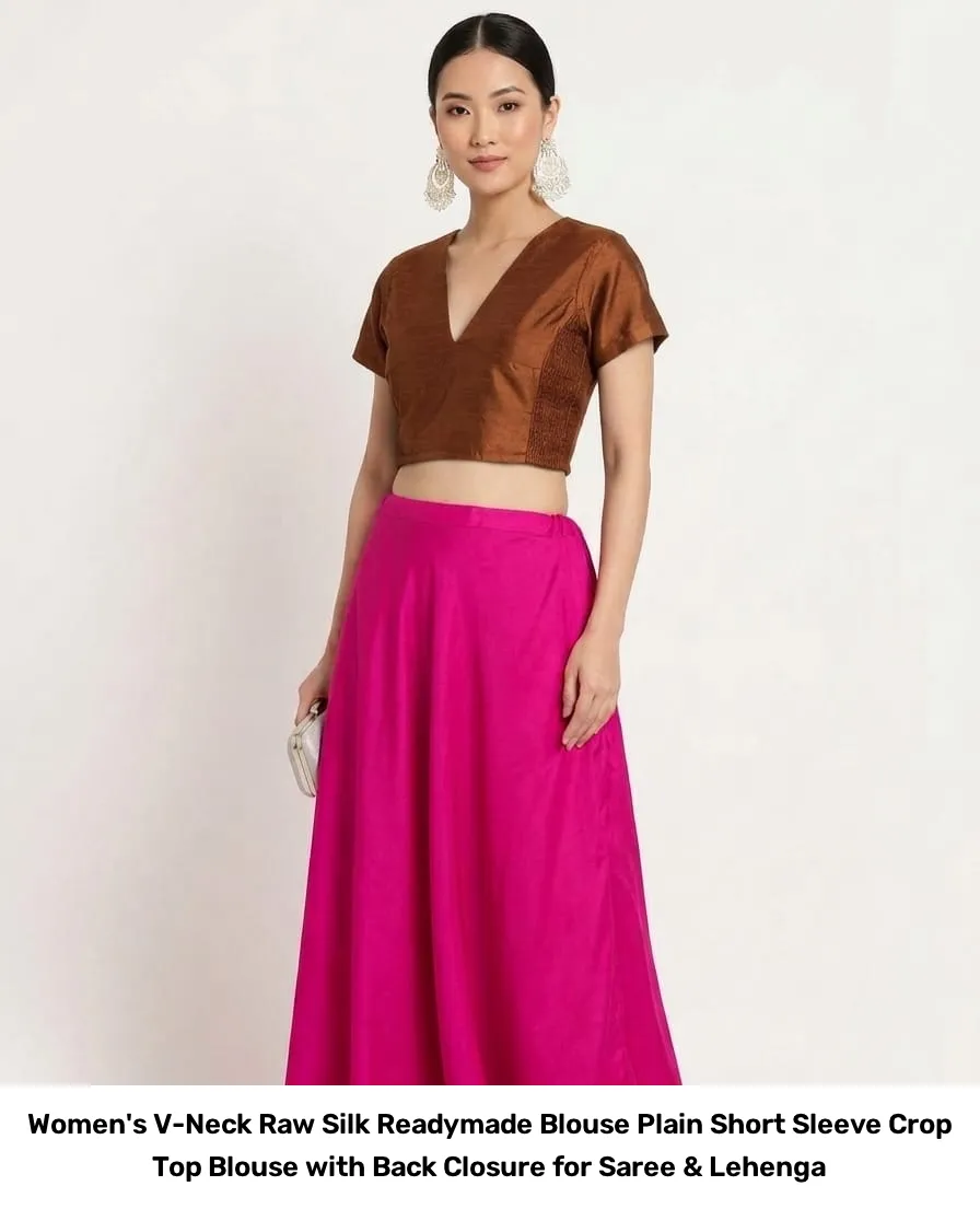 Women's V-Neck Raw Silk Readymade Blouse – Plain Short Sleeve Crop Top Blouse with Back Closure for Saree & Lehenga 2
