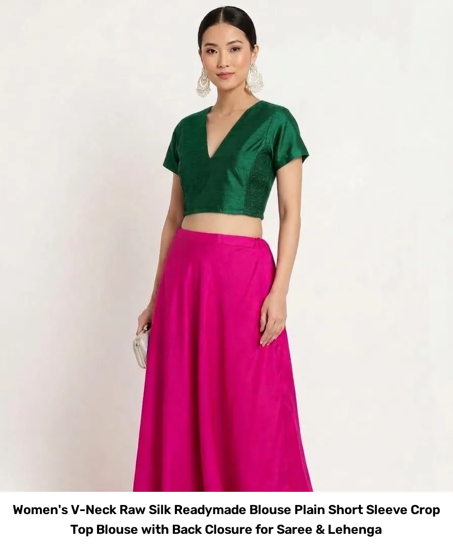 Women's V-Neck Raw Silk Readymade Blouse – Plain Short Sleeve Crop Top Blouse with Back Closure for Saree & Lehenga 3