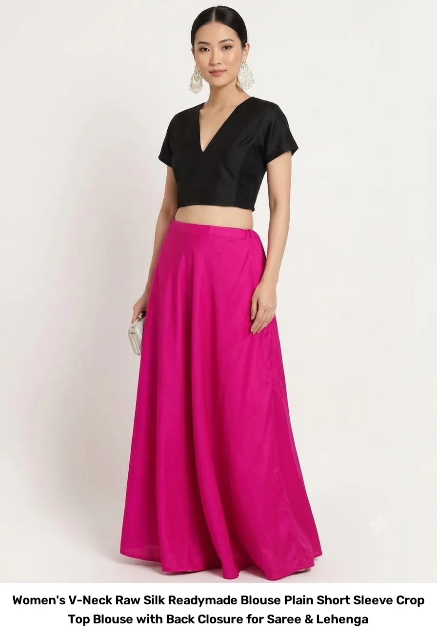 Women's V-Neck Raw Silk Readymade Blouse – Plain Short Sleeve Crop Top Blouse with Back Closure for Saree & Lehenga 4