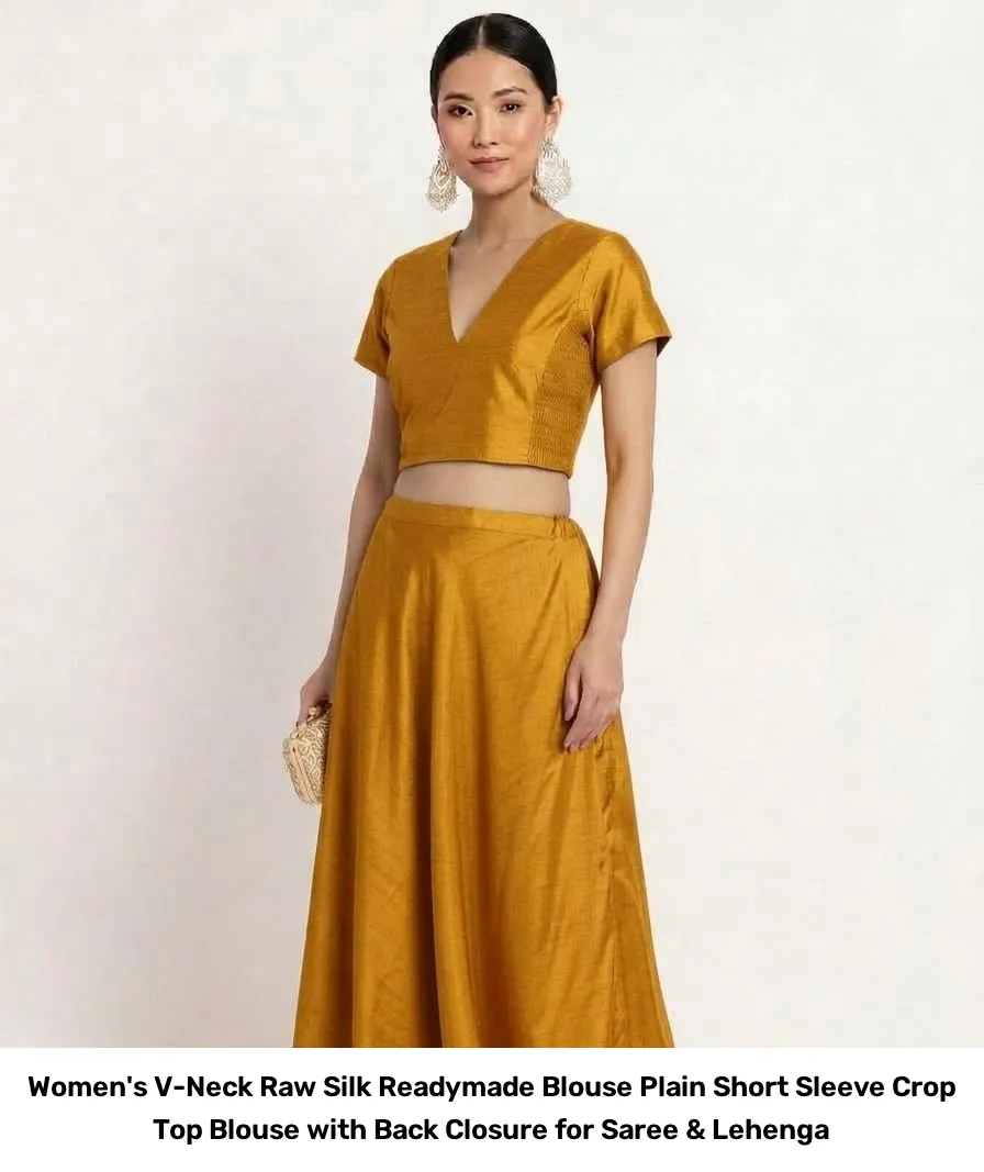 Women's V-Neck Raw Silk Readymade Blouse – Plain Short Sleeve Crop Top Blouse with Back Closure for Saree & Lehenga 5