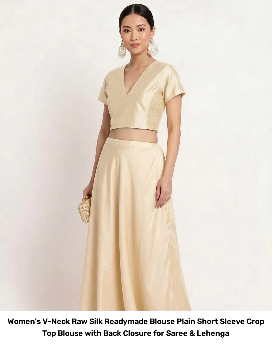 Women's V-Neck Raw Silk Readymade Blouse – Plain Short Sleeve Crop Top Blouse with Back Closure for Saree & Lehenga 6