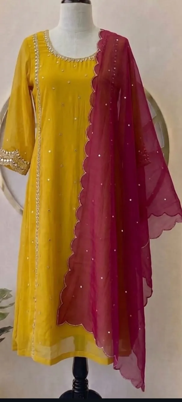 Yellow Chanderi Kurta Set with Mirror Work & Contrast Magenta Scallop Organza Dupatta | Haldi Festive Suit Set