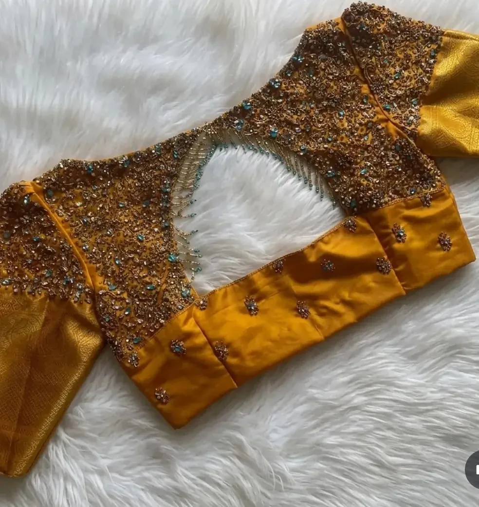 Yellow Designer Maggam Work Blouse | Heavy Bridal Silk Blouse Online 1