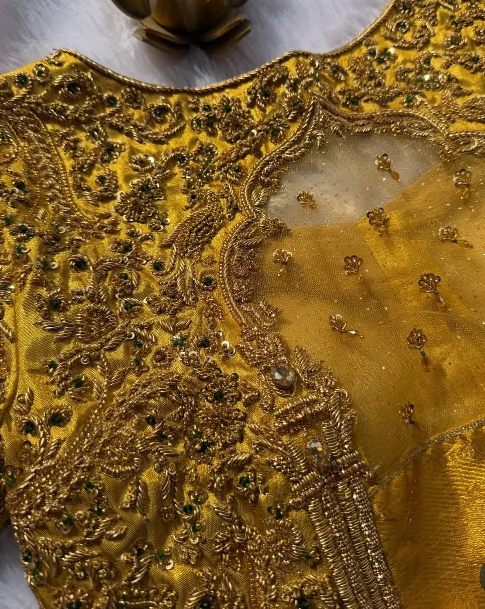 Yellow Heavy Maggam Work Bridal Blouse with Beaded Tassel Sleeves | Designer Hand-Embroidered Silk Saree Blouse