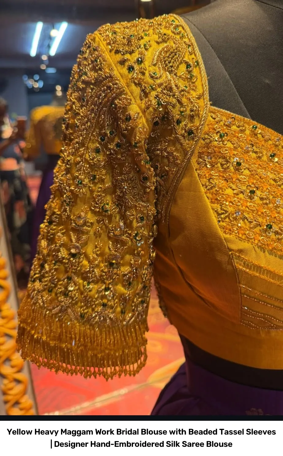 Yellow Heavy Maggam Work Bridal Blouse with Beaded Tassel Sleeves | Designer Hand-Embroidered Silk Saree Blouse 2