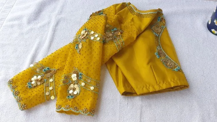 Yellow Raw Silk Blouse | Gold Coin Kasu & Pearl Tassel Embroidered Sheer Sleeve Blouse