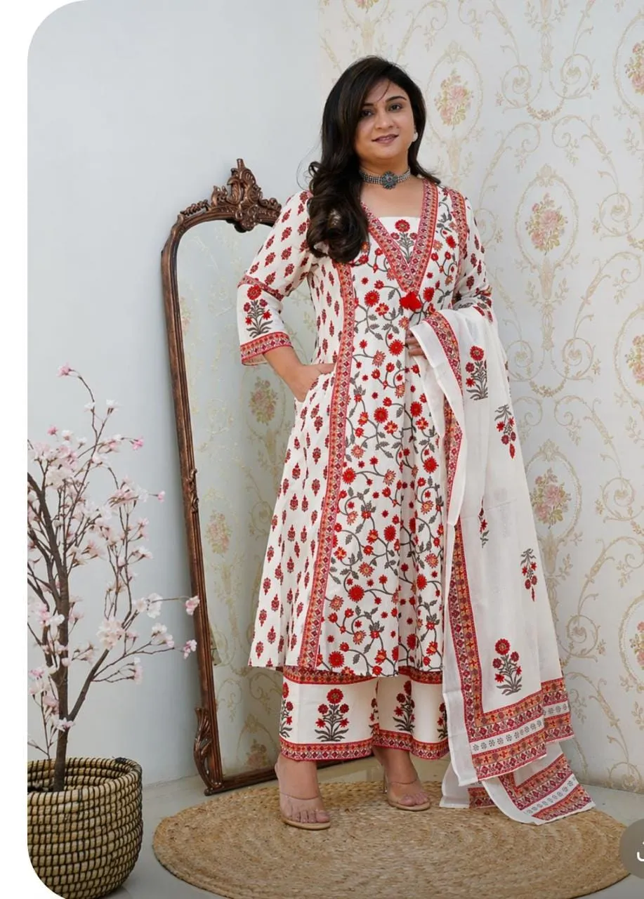 A-Line Floral Motif Cotton Kurta Set