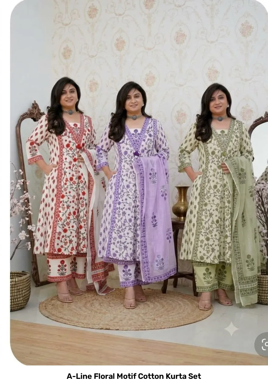 A-Line Floral Motif Cotton Kurta Set 10