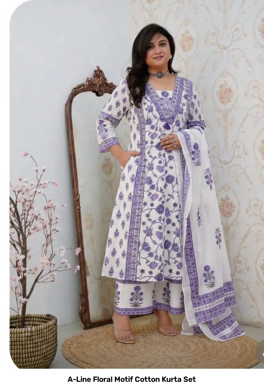 A-Line Floral Motif Cotton Kurta Set 11