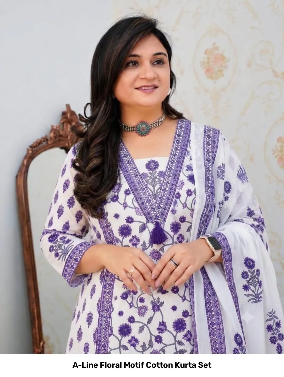A-Line Floral Motif Cotton Kurta Set 12