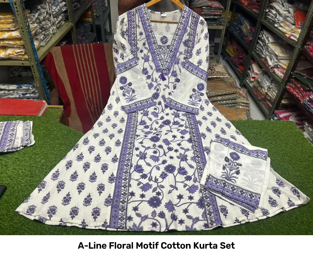 A-Line Floral Motif Cotton Kurta Set 13