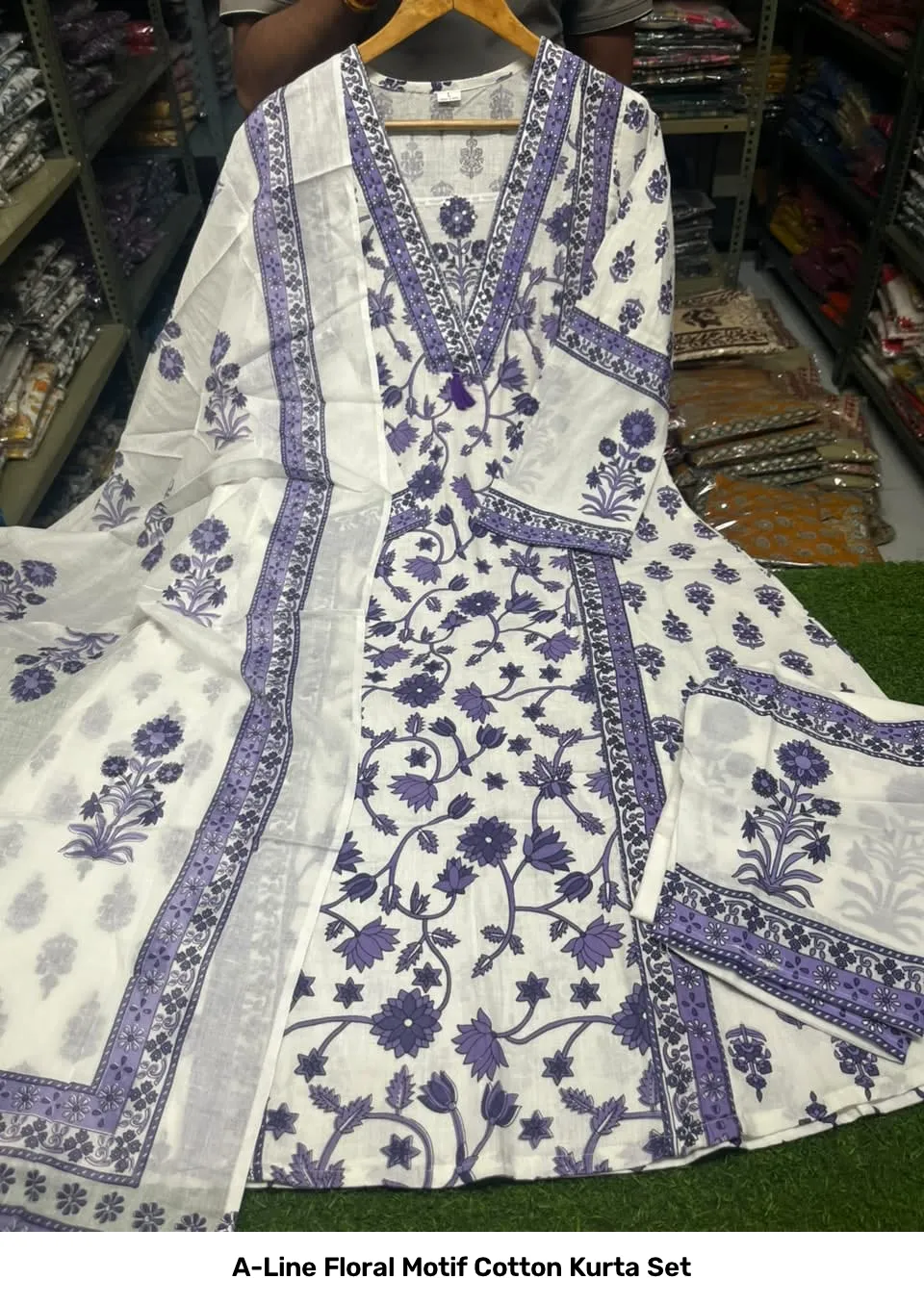 A-Line Floral Motif Cotton Kurta Set 14