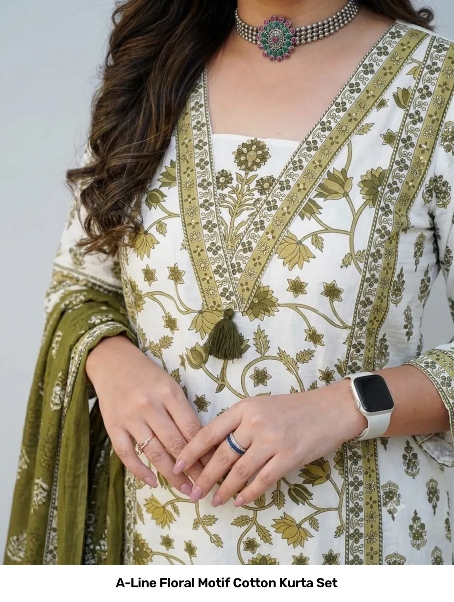 A-Line Floral Motif Cotton Kurta Set 15