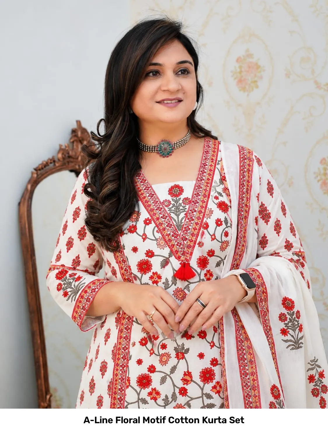 A-Line Floral Motif Cotton Kurta Set 16