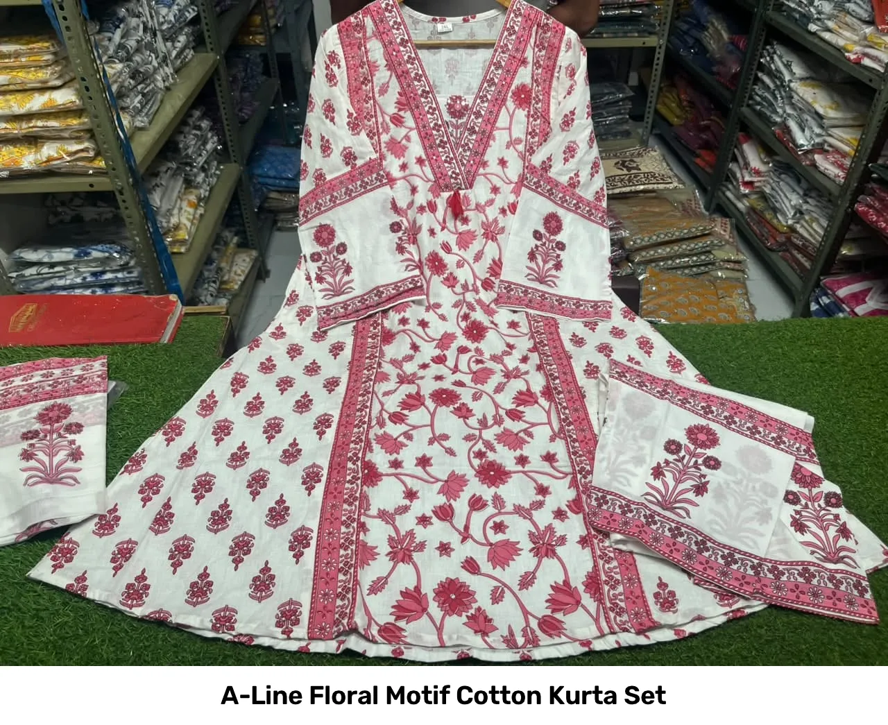 A-Line Floral Motif Cotton Kurta Set 17