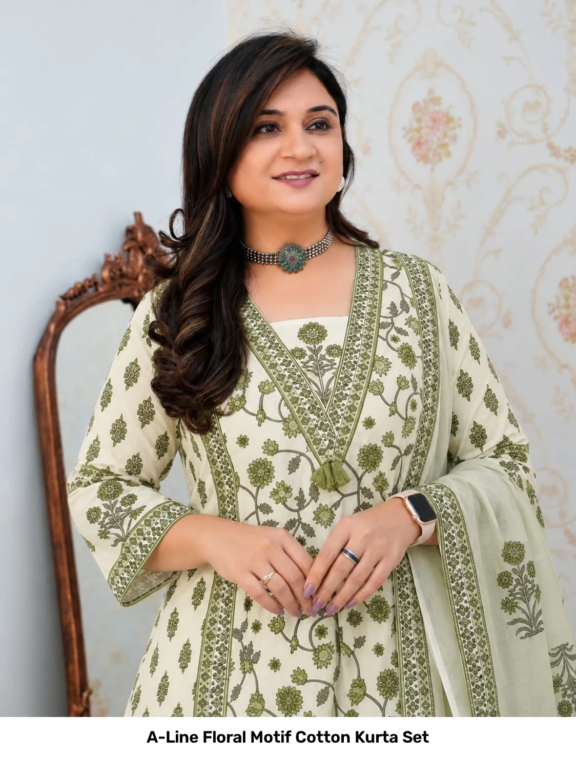 A-Line Floral Motif Cotton Kurta Set 18