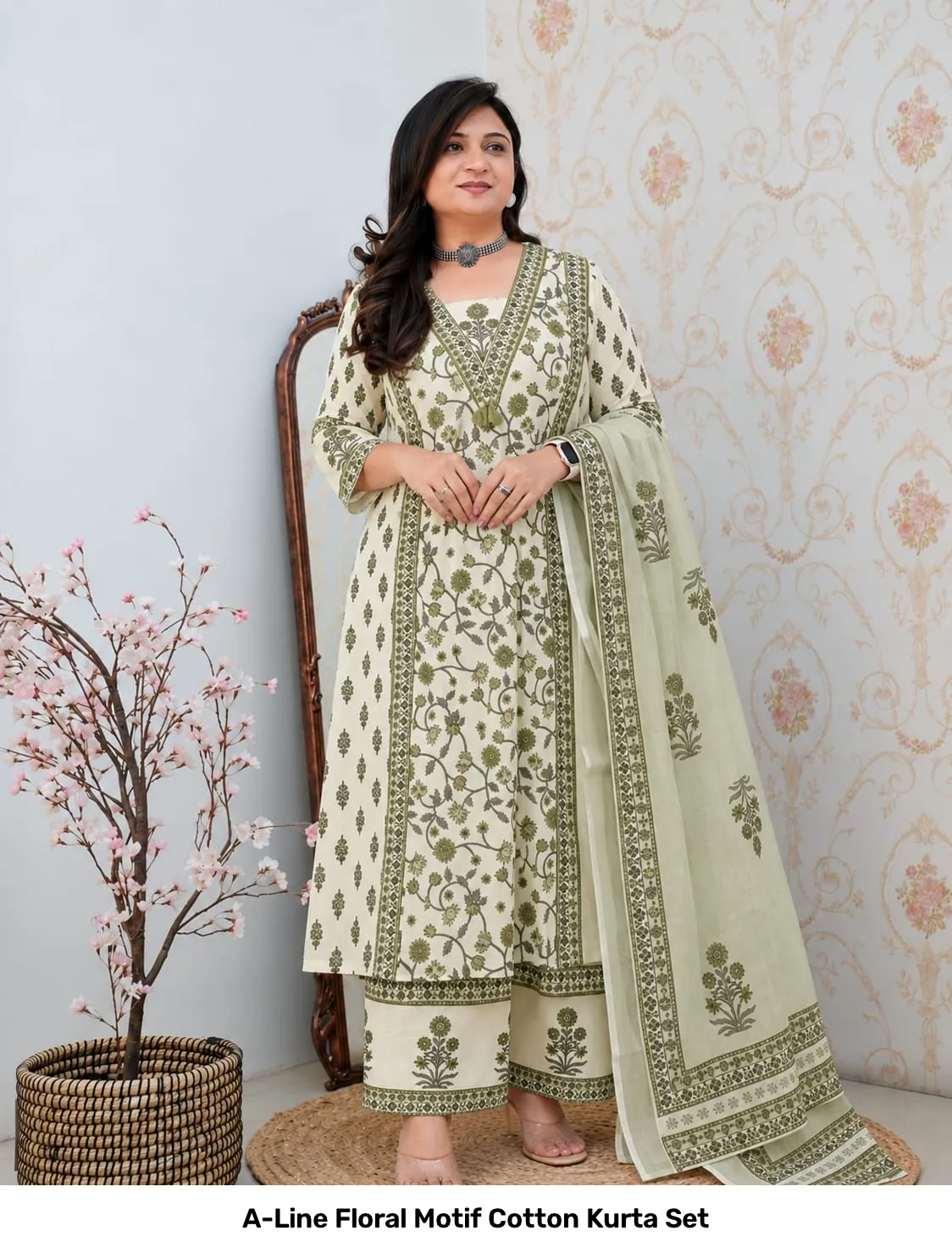 A-Line Floral Motif Cotton Kurta Set 19
