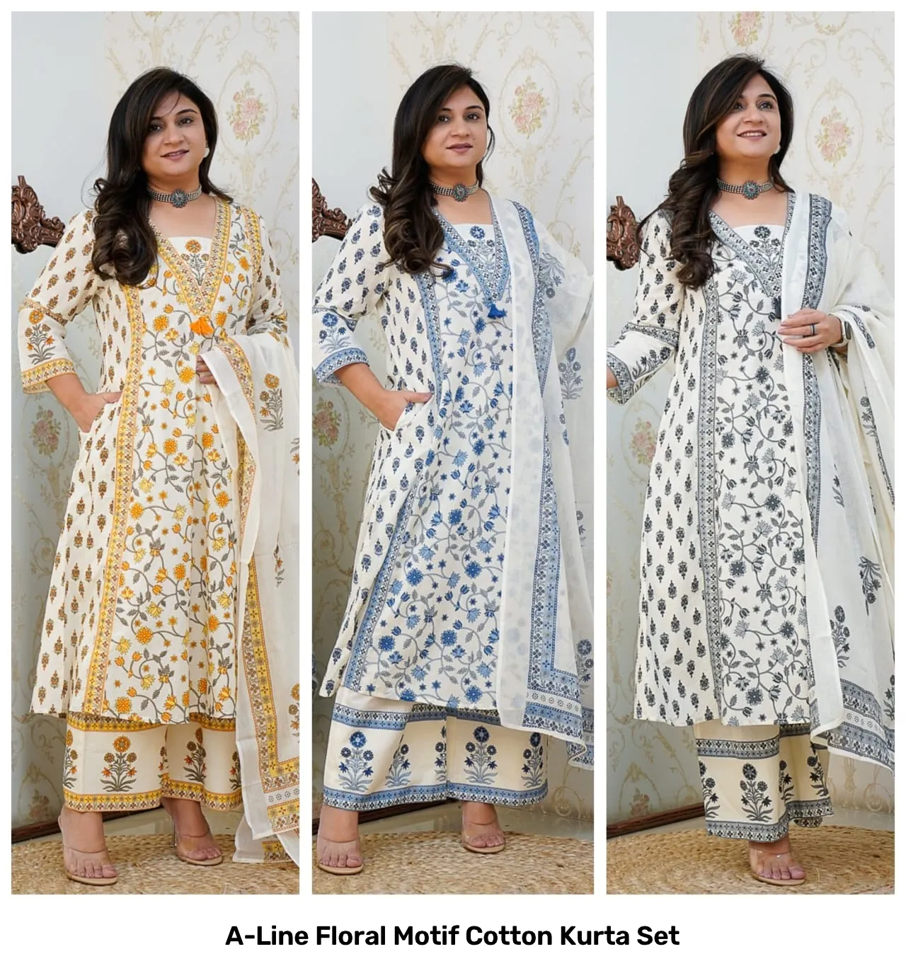 A-Line Floral Motif Cotton Kurta Set 2