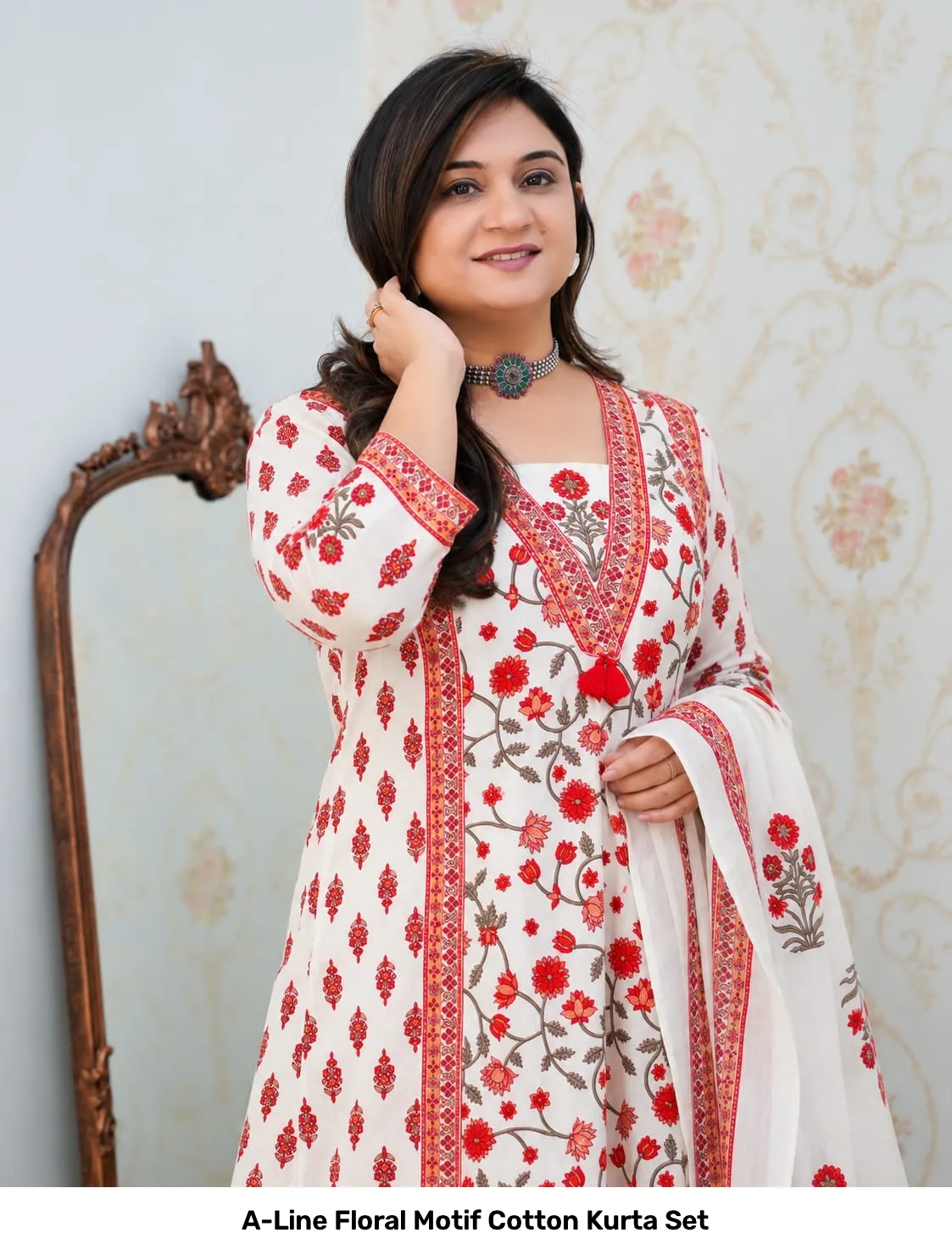 A-Line Floral Motif Cotton Kurta Set 23