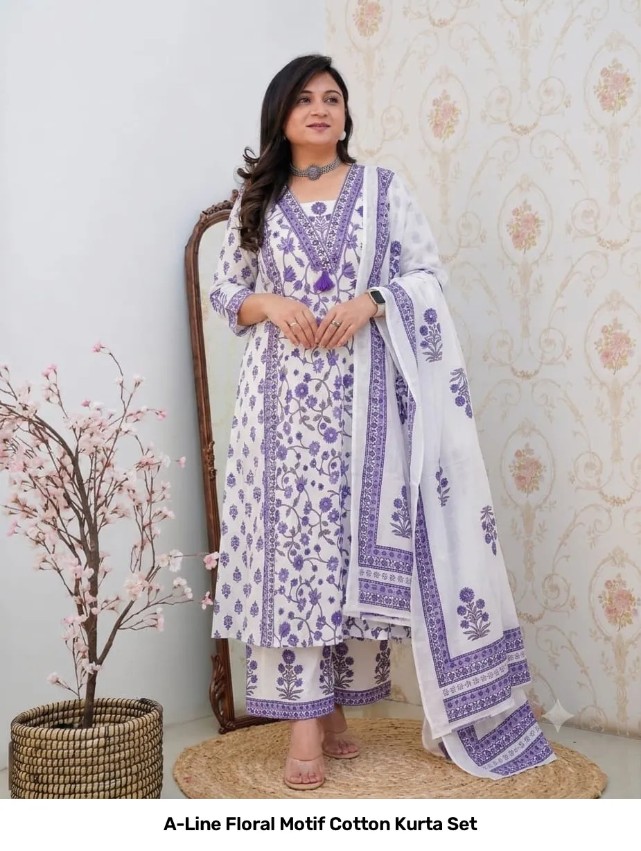 A-Line Floral Motif Cotton Kurta Set 24