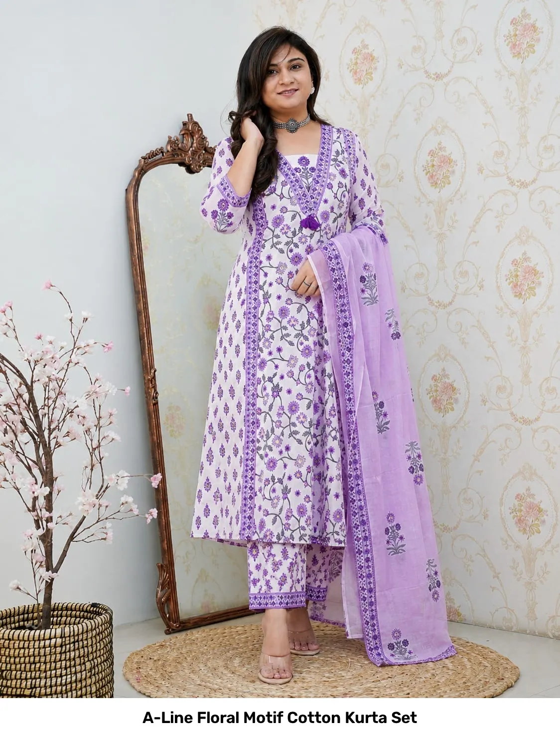A-Line Floral Motif Cotton Kurta Set 26