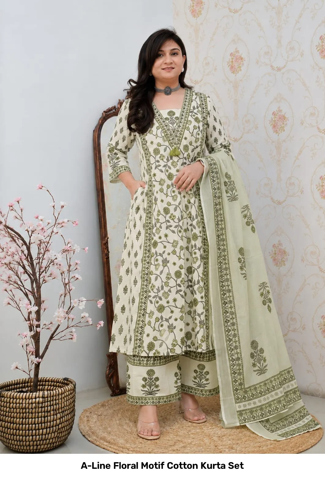 A-Line Floral Motif Cotton Kurta Set 27