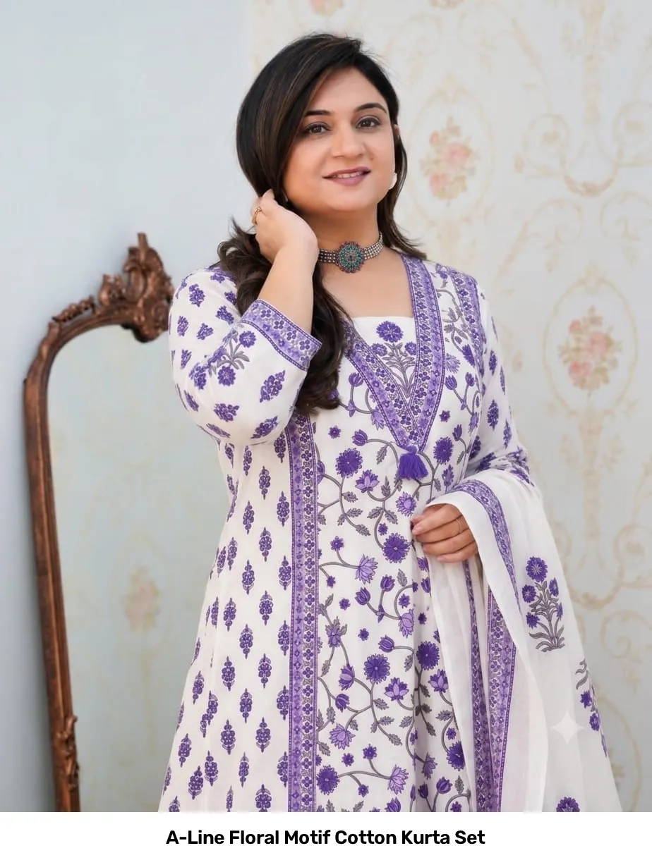 A-Line Floral Motif Cotton Kurta Set 3
