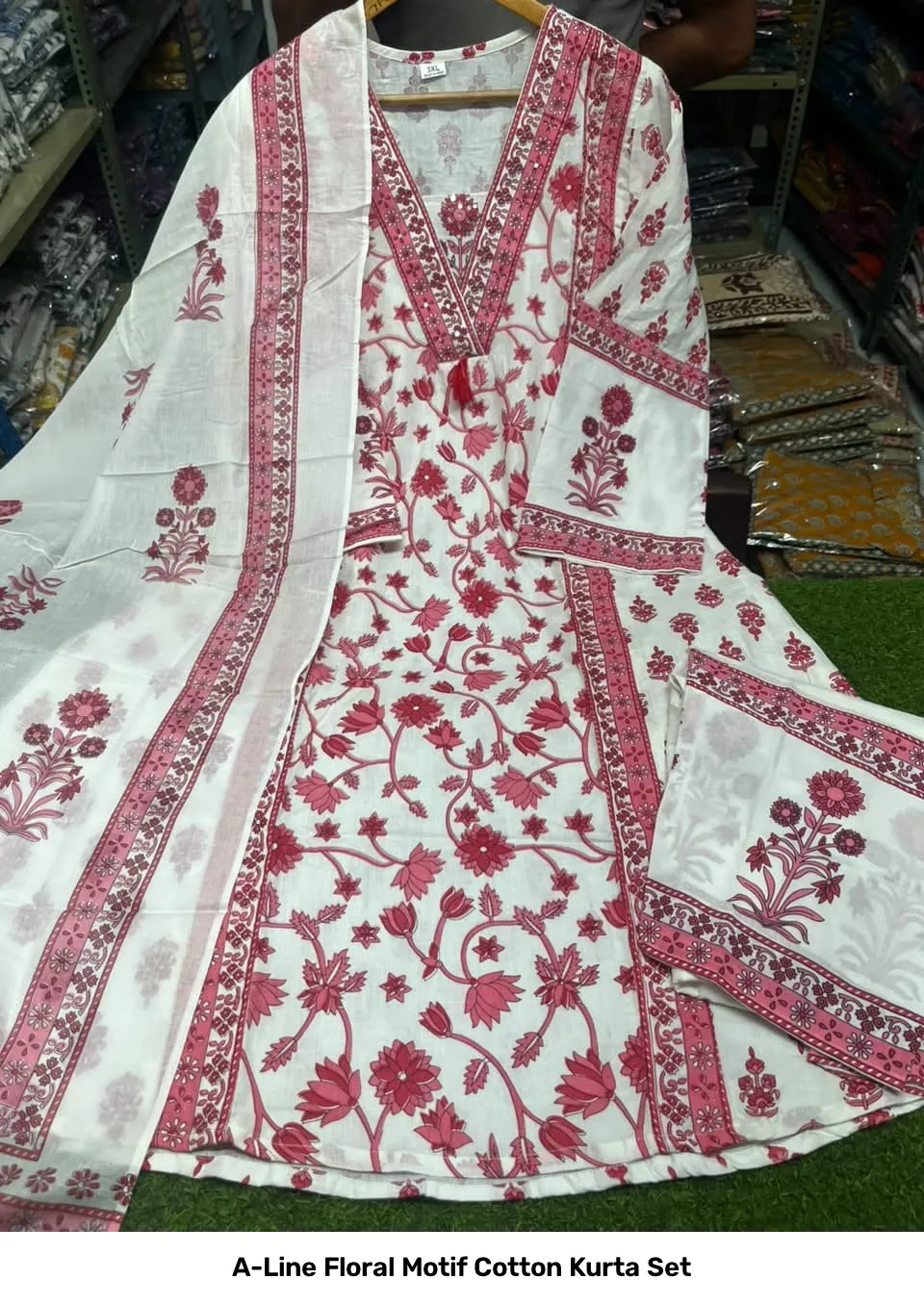 A-Line Floral Motif Cotton Kurta Set 4