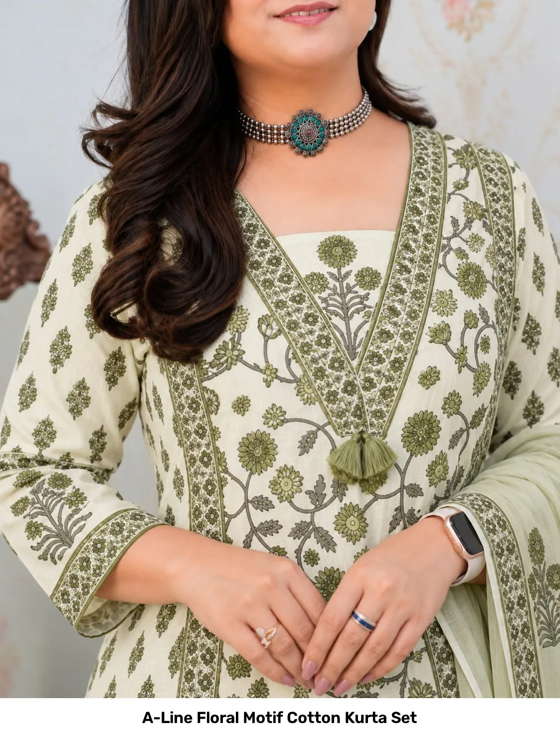 A-Line Floral Motif Cotton Kurta Set 5