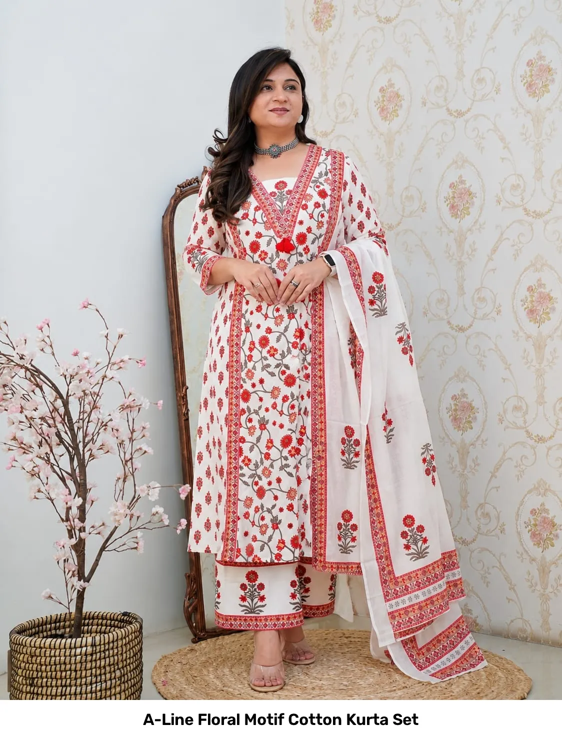 A-Line Floral Motif Cotton Kurta Set 6