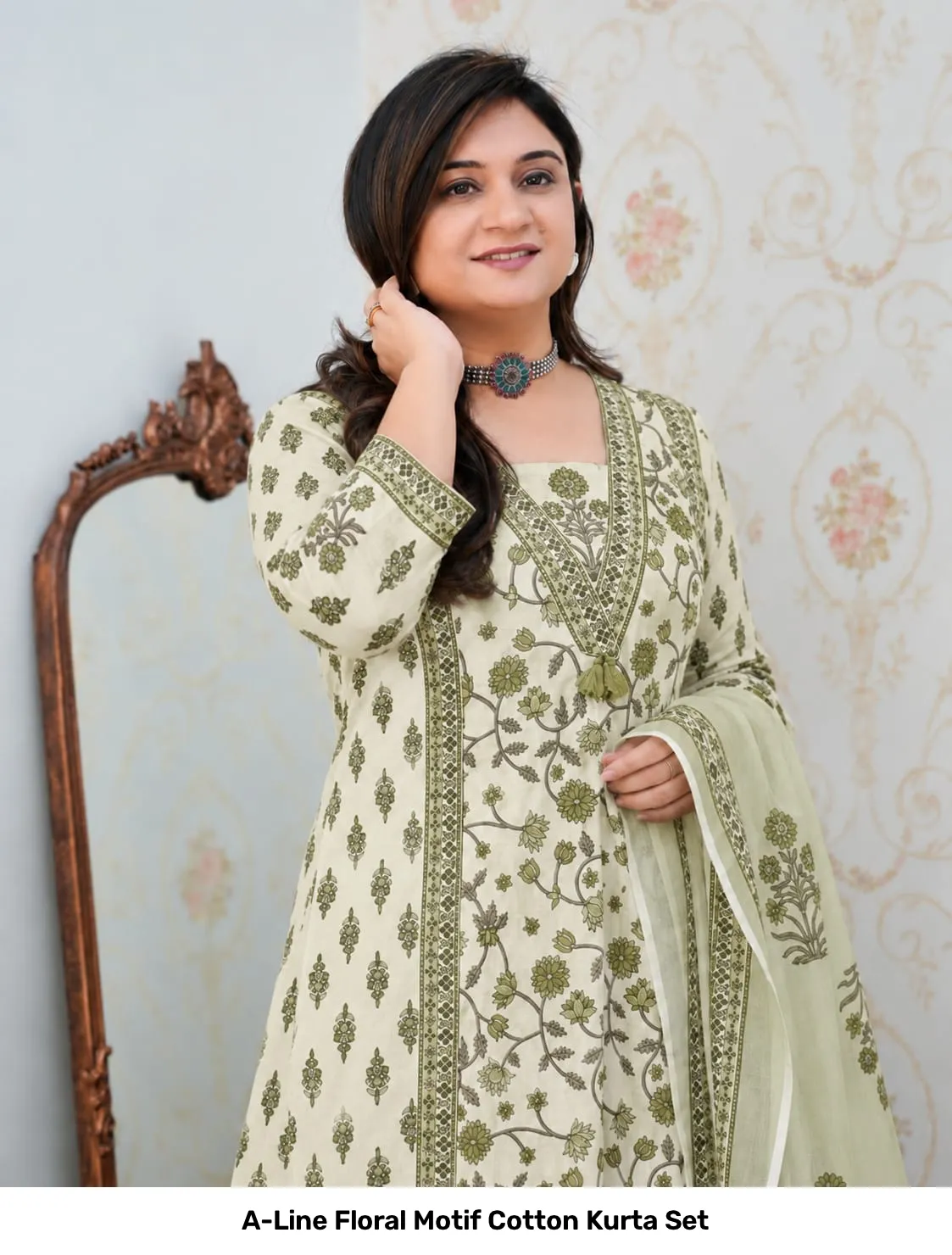 A-Line Floral Motif Cotton Kurta Set 7