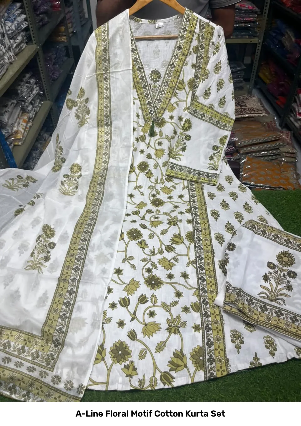 A-Line Floral Motif Cotton Kurta Set 8