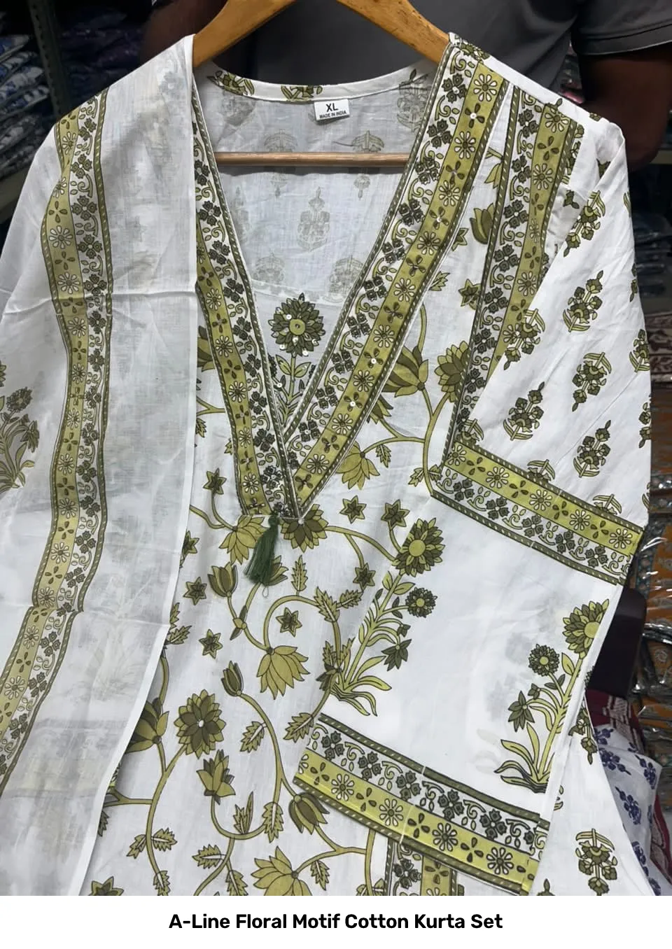 A-Line Floral Motif Cotton Kurta Set 9