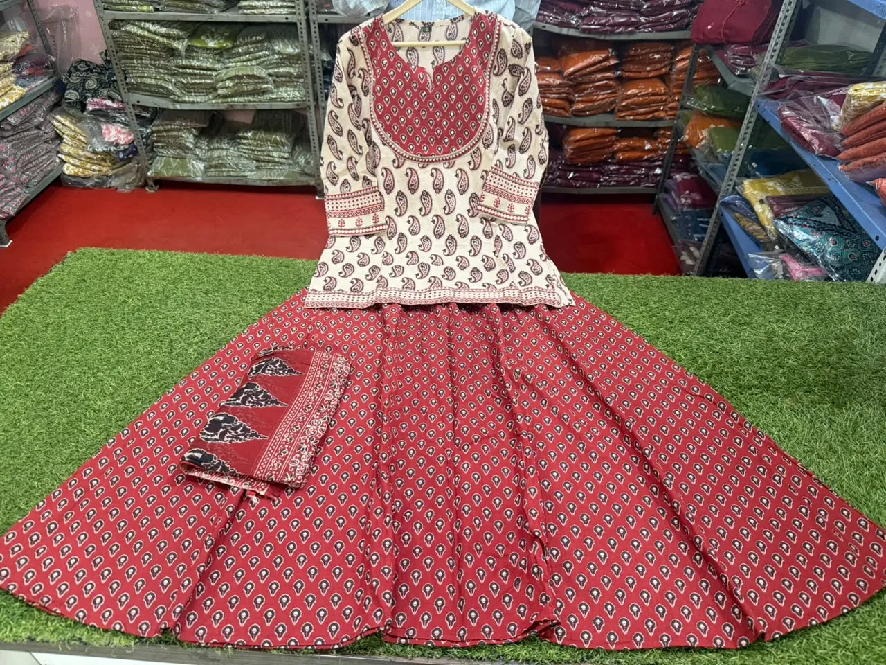 Ajrakh Block Print Cotton Kurti Skirt Set with Dupatta