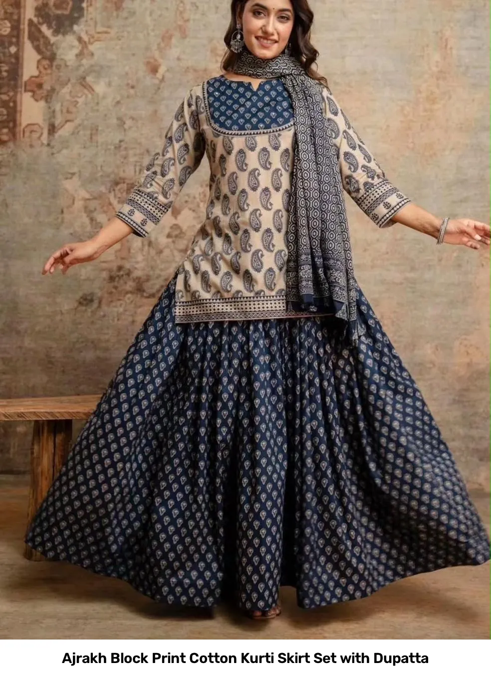 Ajrakh Block Print Cotton Kurti Skirt Set with Dupatta 3